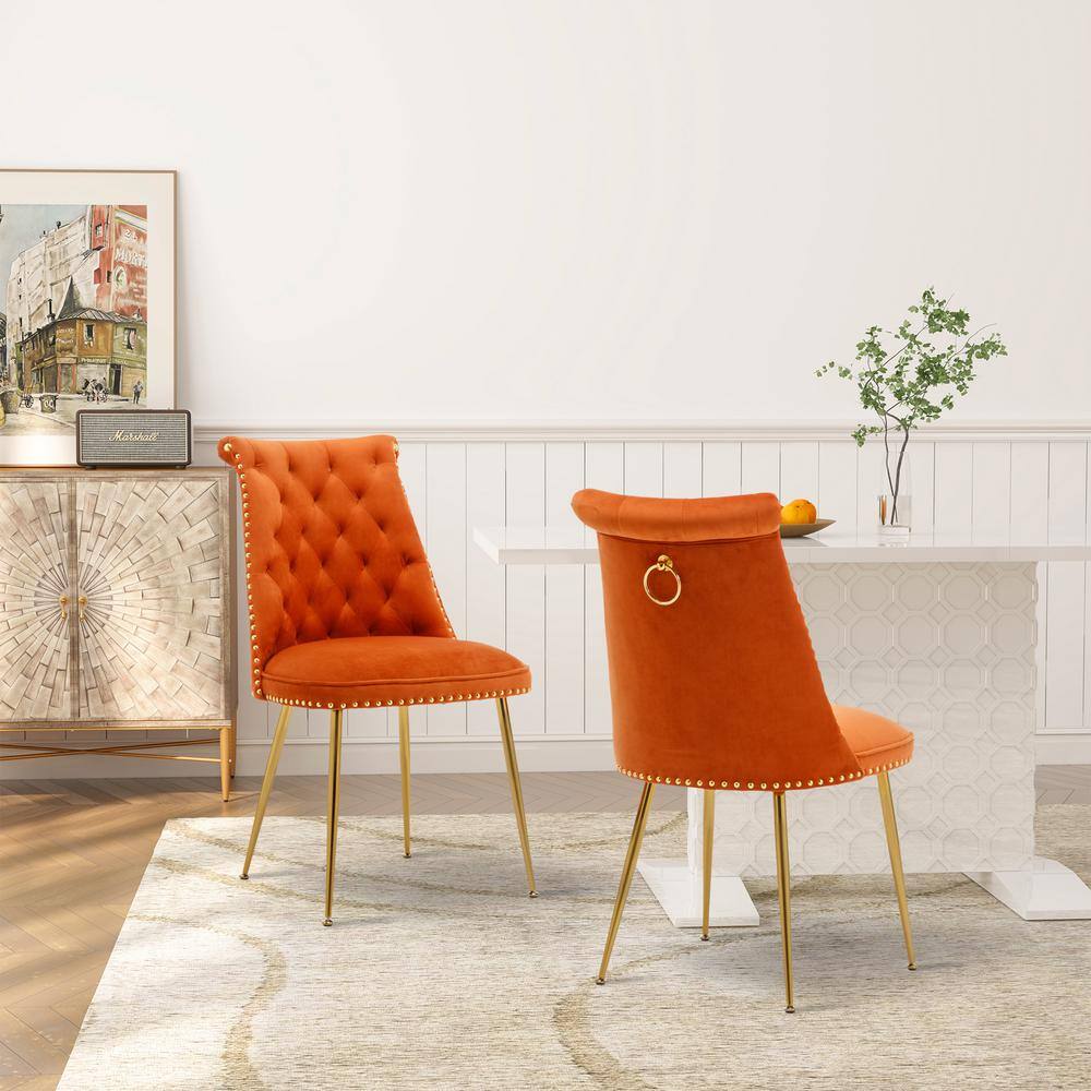 Orange Velvet Upholstered Side Chair with Gold Metal Legs