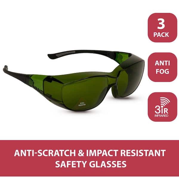 PrimeX IR3 Safety Glasses, Anti-Fog-Scratch Wrap Around Lenses, (3-Pairs)