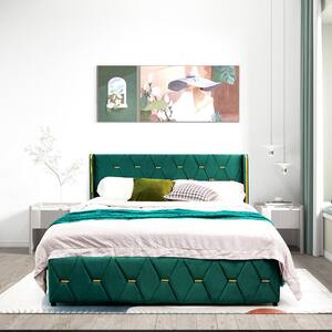 Green Wood Frame Queen Size Platform Bed with Adjustable Headboard