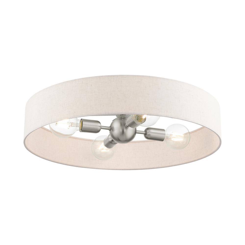 Elegant Brushed Nickel 4-Light Semi-Flush Drum with Oatmeal Fabric Shade