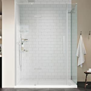 Tampa 60 in. L x 32 in. W x 72 in. H Corner Shower Kit w/Pivot Frameless Shower Door in SN w/Shelves and Shower Pan