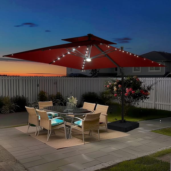 11 ft. x 11 ft. LED Square Swivel Double Top Cantilever Tilt Patio Umbrella in Red with 220 lbs. HDPE Base