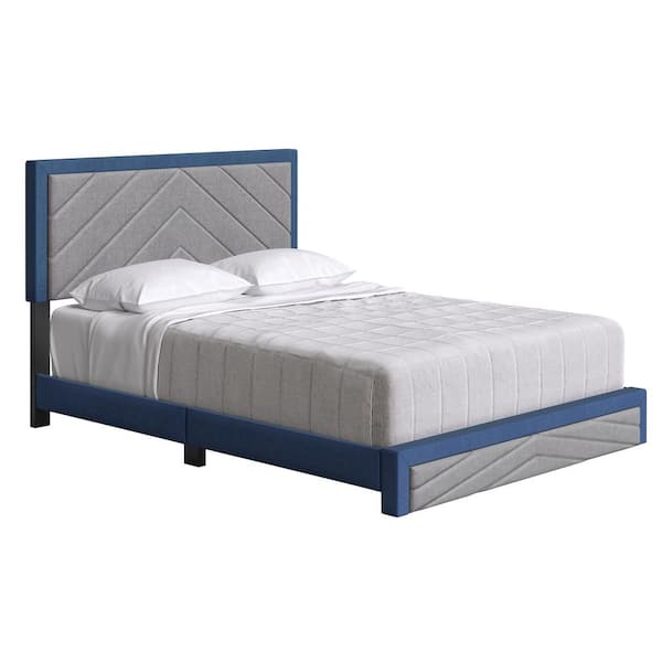 Boyd Sleep Barcelona Blue and Grey Diagonal Linen Bed Frame Queen Platform Bed