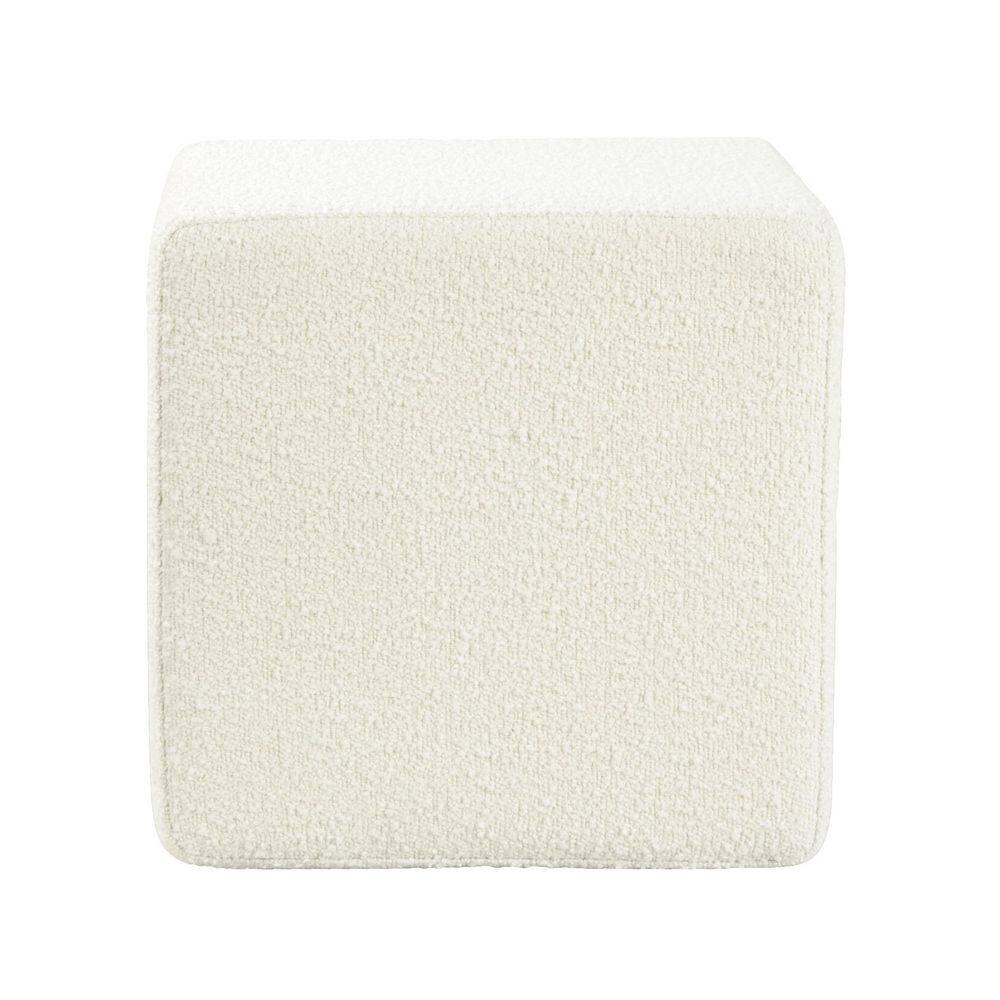 Cream Boucle Cube Ottoman with Black Metal Base