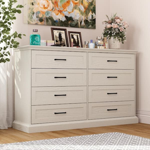 Beige Wood Grain 8-Drawer 54.6 in. Width x 33.1 in. Height Wooden Dresser, Chest of Drawers with Large Storage Space