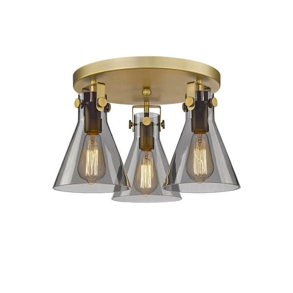 Newton Cone 19.63 in. 3-Light Brushed Brass Industrial Flush Mount with Smoked Glass Shade