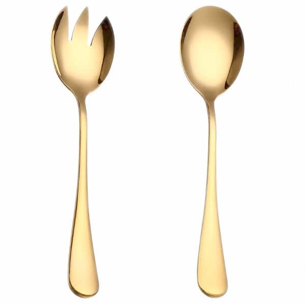 2-Piece Gold Stainless Steel Salad Servers Set Flat Tossing Spoon and Fork for Table Serving 2pcs Spoons
