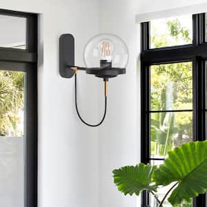 6 in. 1-Light Black Industrial Wall Sconce with Globe Clear Glass Shade, Farmhouse Wall Light Fixtures for Hallway