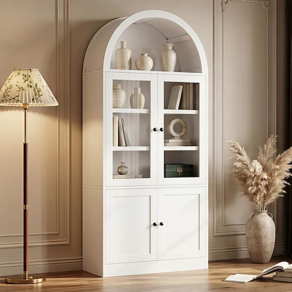 Freestanding 71.28 " Tall White Arched Kitchen Pantry with Tempered Glass Doors, 5-Tier Shelves, Soft Close Hinges