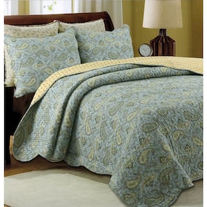 Country Stream Blues Paisley 3-Piece Blue Green Yellow Cotton King Quilt Bedding Set