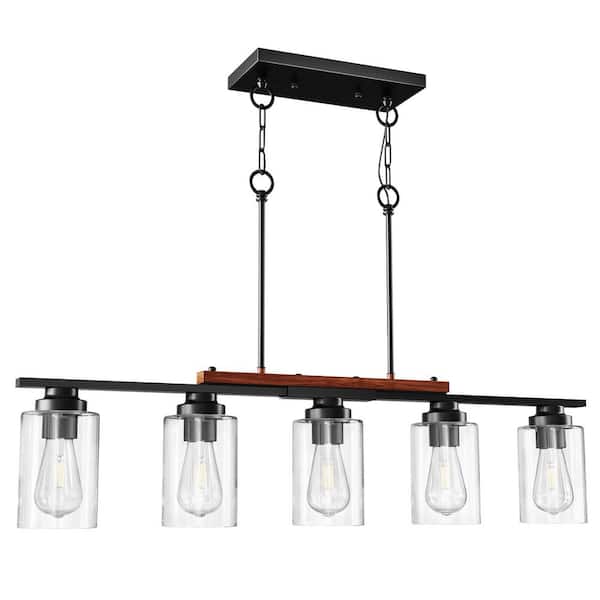 Merra 60-Watt 5 Light Matte Black Kitchen Island Linear Pendant Light Fixture with Clear Glass Shade