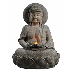 28.35 in. Buddha Water Fountain with LED Lights, Rustic Gray