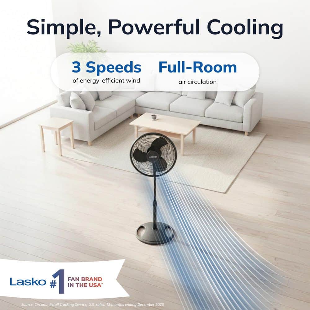Condition photo showing Good Condition for lasko 16 in. 3-speed oscillating pedestal fan for home in black with adjustable height, tilt back head and easy assembly