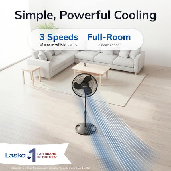 16 in. 3-Speed Oscillating Pedestal Fan for Home in Black with Adjustable Height, Tillt Back Head and Easy Assembly