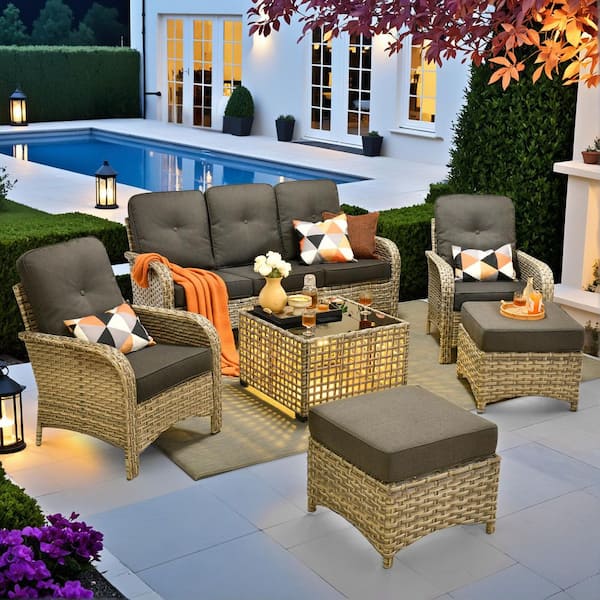 Beverly Gray 6-Piece Wicker Outdoor Patio Conversation Sofa Seating Set with Ottomans and Black Cushions