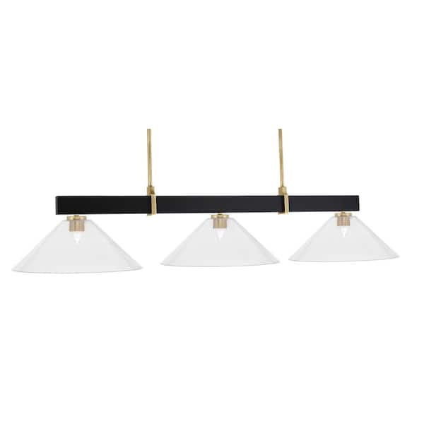 Balmore 3-Light Matte Black and New Age Brass Billiard Light with 16 in. Clear Bubble Glass Shades