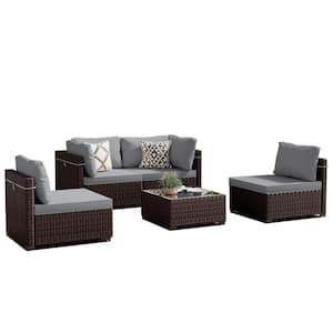 5-Piece Wicker Patio Conversation Seating Set with Light Gray Cushions and Coffee Table