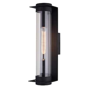 Brighton Park 18 in. H 1-Light Black Contemporary Hardwired Indoor Outdoor Wall Lantern Fixture Cylinder Clear Glass