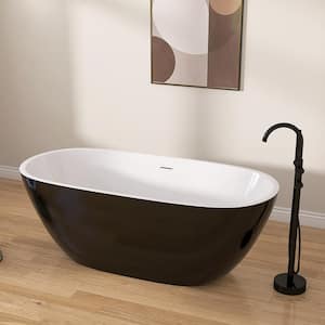 65 in. x 29.5 in. Oval Free Standing Alone Soaker Tub Freestanding Soaking Bathtub with Chrome Drain in Glossy Black