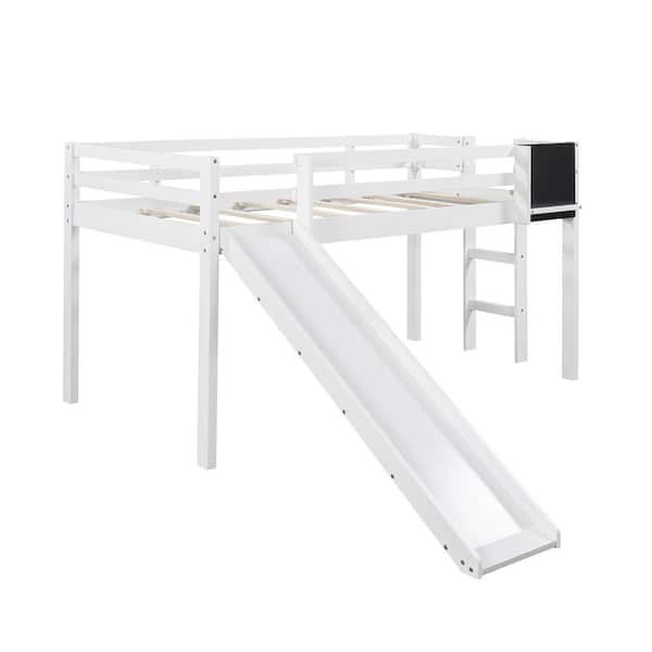 aisword Twin Size Loft White Bed Wood Bed with Slide Stair and Chalkboard