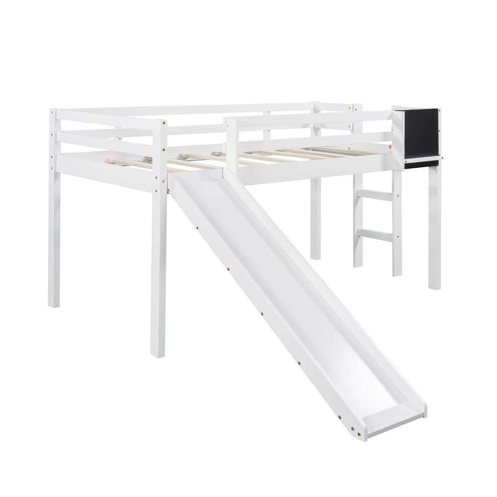 Qualler White Twin Size Loft Bed Wood Bed with Slide and Chalkboard ...