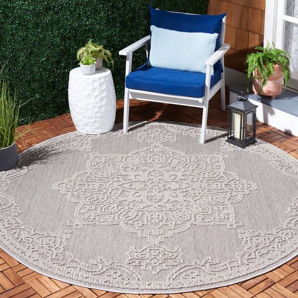 Global Gray/Ivory 7 ft. x 7 ft. Ornate Border Medallion Indoor/Outdoor Round Area Rug