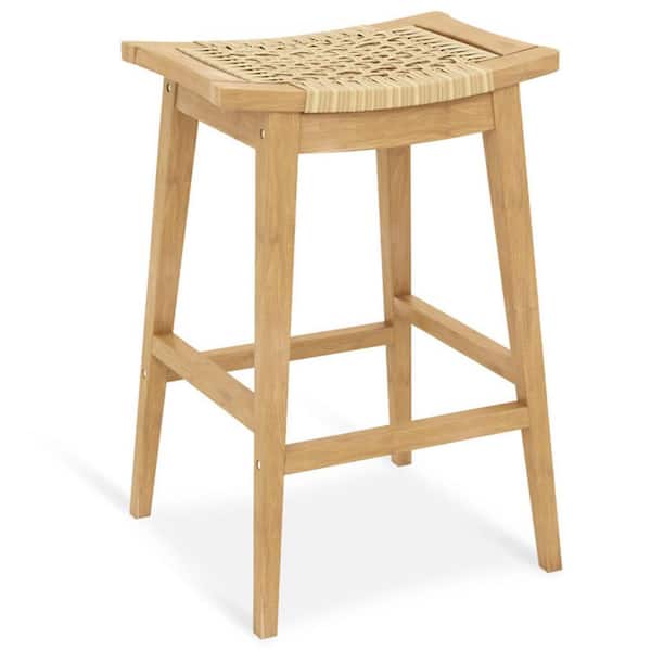 Teak Wood Patio Rattan Outdoor Bar Stool with Footrest and Saddle Seat