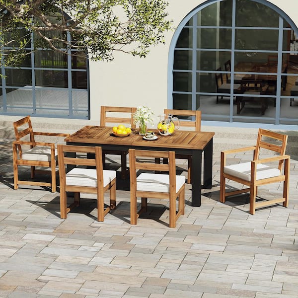 7-Piece Wood Patio Outdoor Dining Set with Beige Cushions with Umbrella Hole