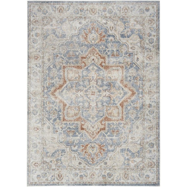5 ft. x 7 ft. Denim Blue Oriental Power Loom Square Washable Area Rug