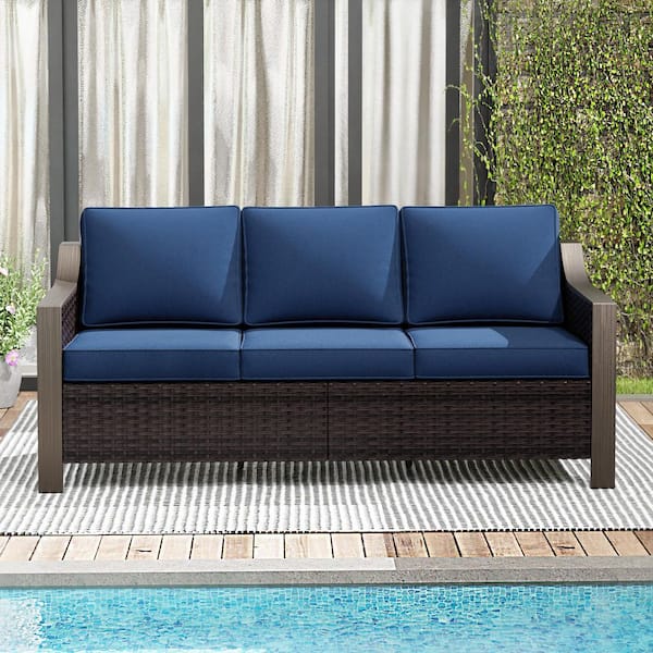 3-Seat Wicker Outdoor Patio Sectional Sofa with Blue Cushions