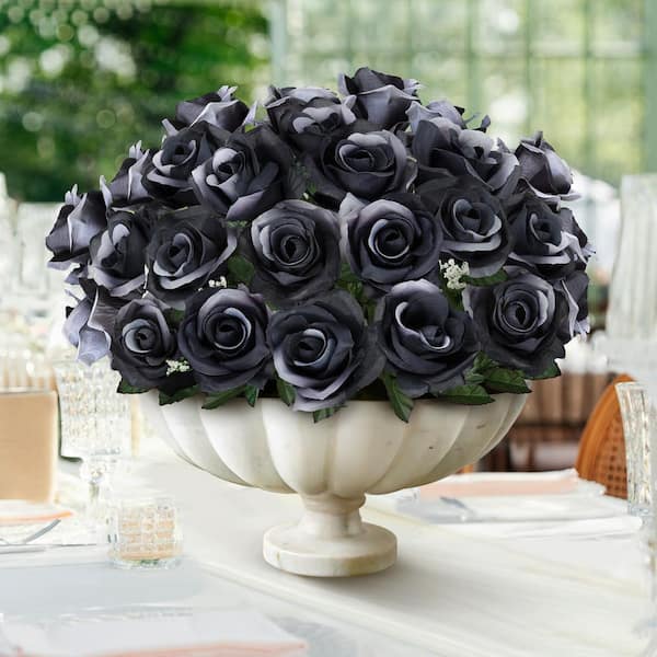 14 in. Black White Artificial Open Rose Flower Stem Bush Bouquet (Set of 12)
