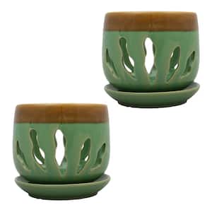 5 in. Green Ceramic Lilly Design Orchid Pot Twin Pack