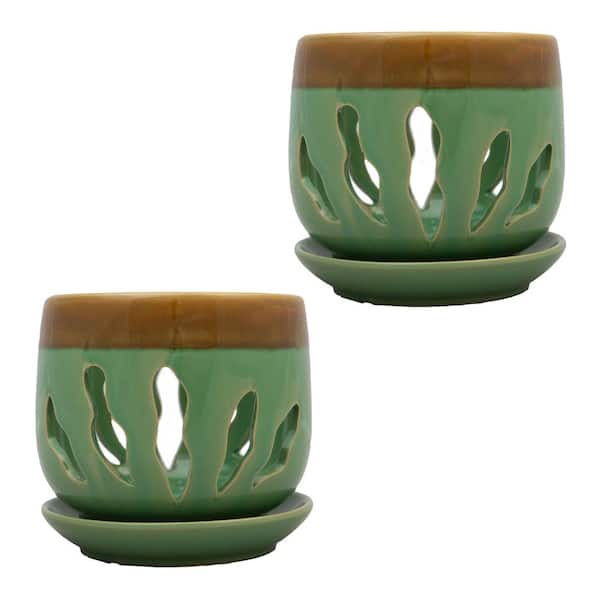 Better-Gro 5 in. Green Ceramic Lilly Design Orchid Pot Twin Pack