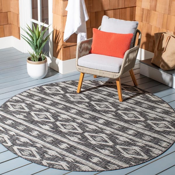 Courtyard Black/Gray 4 ft. x 4 ft. Geometric Striped Diamond Indoor/Outdoor Round Area Rug