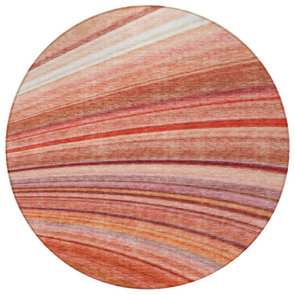 Terra Cotta, Salmon, Orange 8 Round ft. Woven Striped Polyester Round Indoor / Outdoor Area Rug