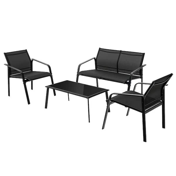 Costway 4-Piece Metal Patio Conversation Set Loveseat Sofas Armrest Glass Table Deck Black