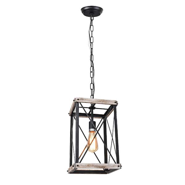 Y'INSP 60-Watt 1 Light Black Farmhouse Pendant Light Rustic Metal and Wood Cage Pendant Lantern Lighting for Kitchen Island