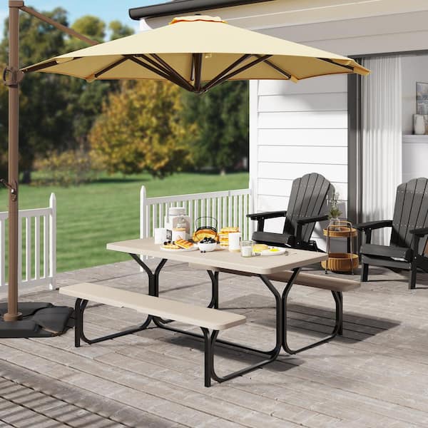 DEXTRUS 4.5 ft. Heavy-Duty Outdoor Picnic Table Set with Weatherproof Resin Tabletop and Sturdy Steel Frame, Beige