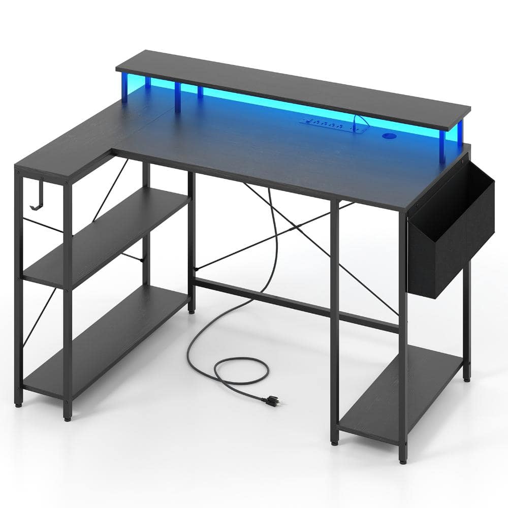 L-Shaped Gaming Desk with RGB LED Lights Charging Station Monitor Stand for Home Office