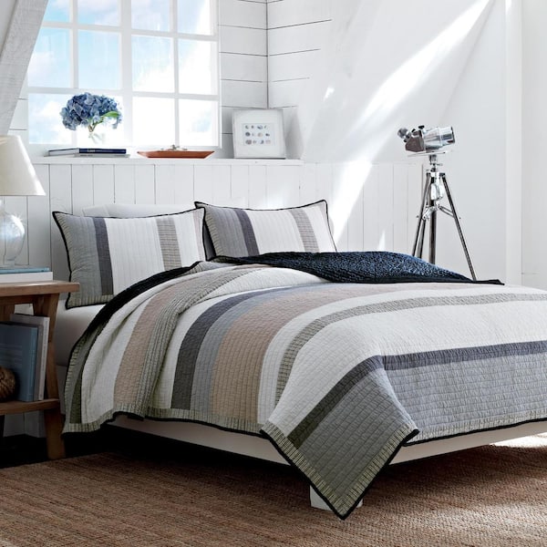 Nautica Tideway 1-Piece Blue Striped Cotton King Quilt