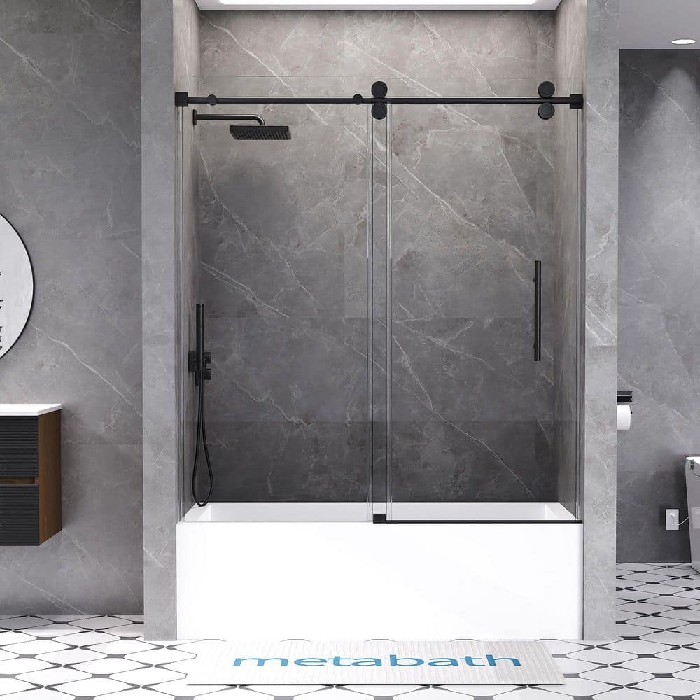 56 to 60 in. W x 66 in. H Single Sliding Frameless Tub Door in Matte Black 