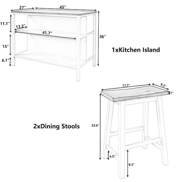 Tileon Cream White Kitchen Island Set w/ 2-Stools Rustic Wood Dining Table  Kitchen Prep Table with 2-Open Shelf and Walnut Top AYBSZHD294 - The Home  Depot