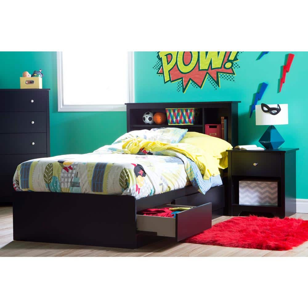 Black Twin Wood Platform Bed with Storage and Bookcase Headboard