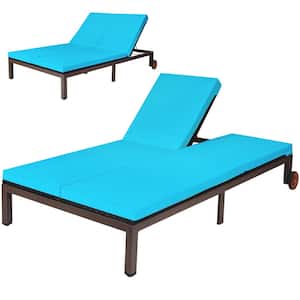1-Piece Metal Wicker Outdoor Chaise Lounge with Turquoise Cushion