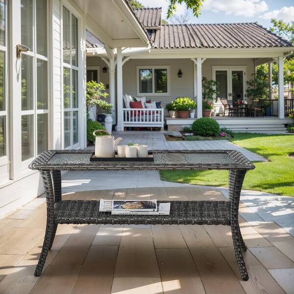 Reviews for moosprr Gray Rectangle Wicker Outdoor Coffee Table with