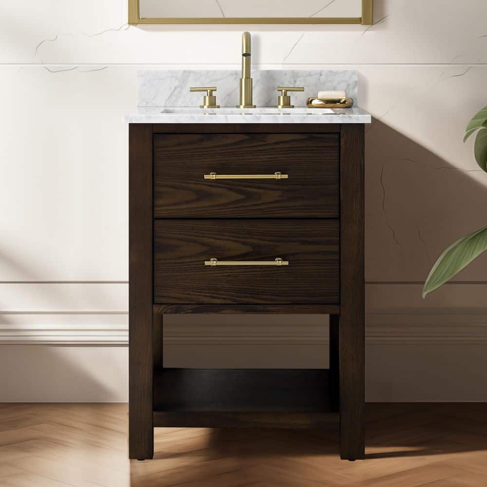 Windwood 24 in. W x 22 in. D Bath Vanity in Brown Oak with Natural Marble Vanity Top in Carrara White with White Sink price history on PriceWatchPro