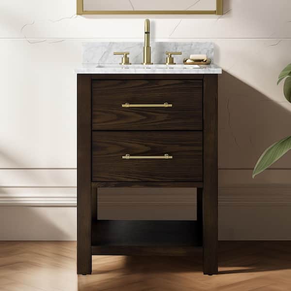 SUDIO Windwood 24 in. W x 22 in. D Bath Vanity in Brown Oak with Natural Marble Vanity Top in Carrara White with White Sink
