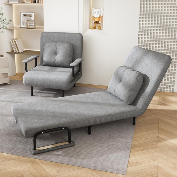 72.5 in. W Grey Grass Fiber Twin Size Sofa Bed, Folding Convertible Chair with 5-Position Adjustable Backrest&Pillow