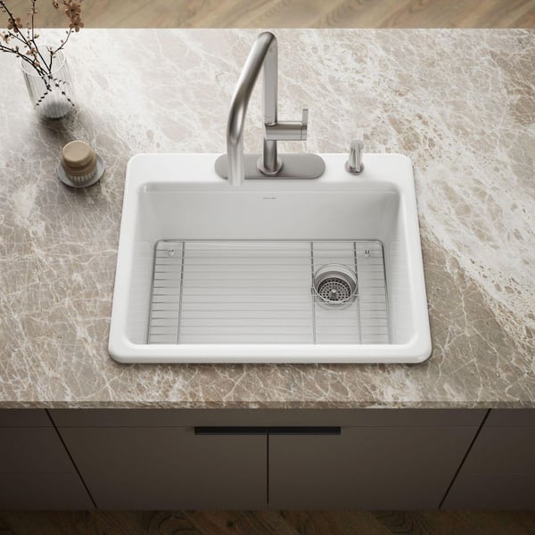 Riverby Drop-In Cast Iron 27 in. 4-Hole Single Basin Kitchen Sink Kit in White