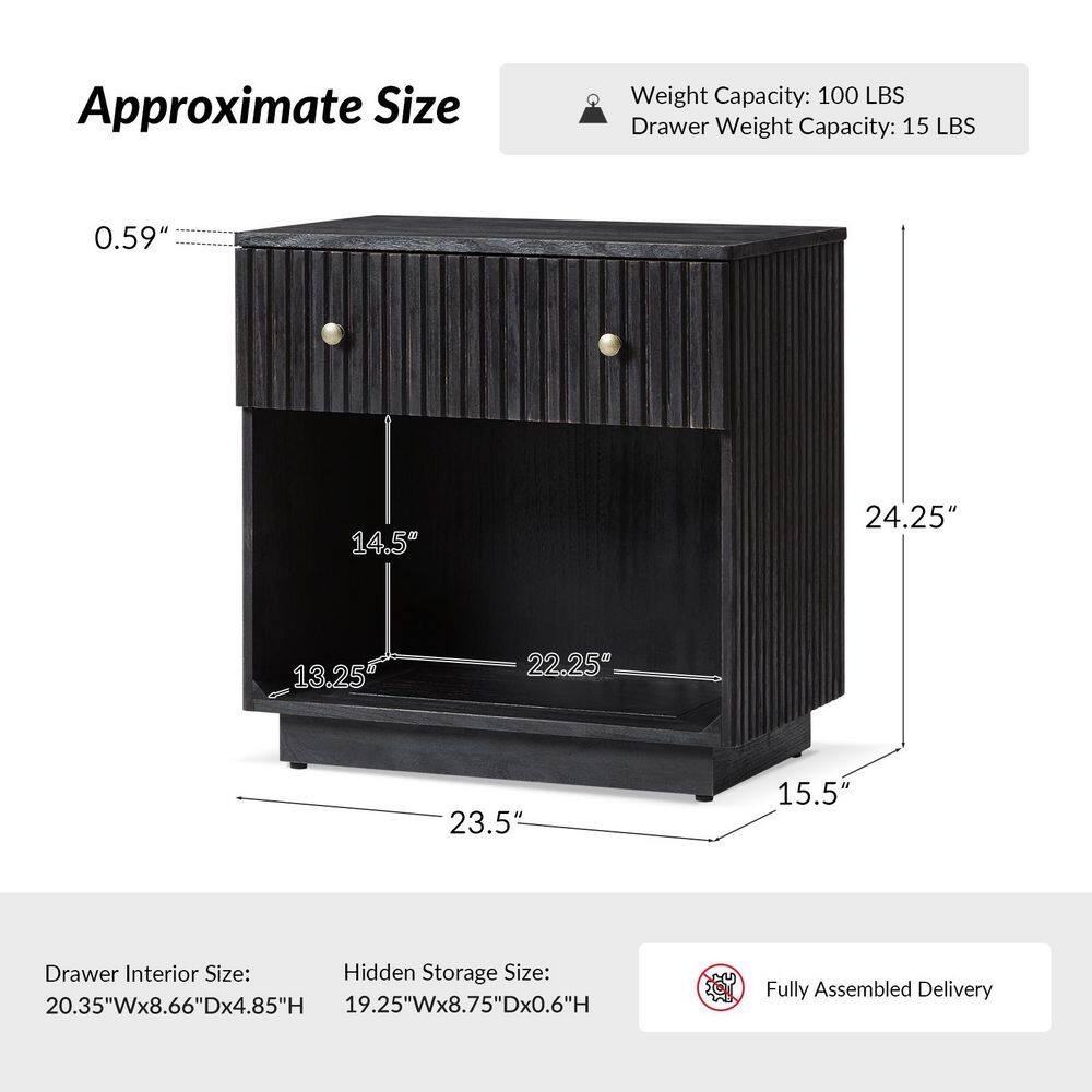 Dimension diagram of the charcoal nightstand showing height, width, and depth.